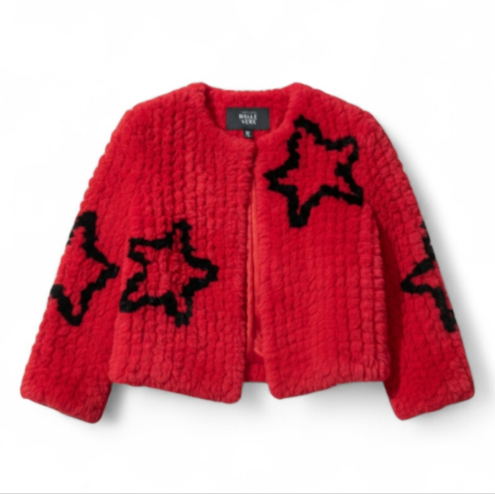 Belle Vere Sz. S Red Faux Fur Star Print Hook Closure Jacket